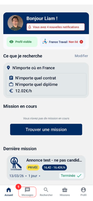 Écran de suivi des missions de l'application SeekGuard montrant les différentes catégories de missions